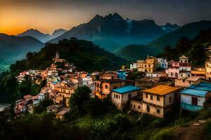 foto fondo de pantalla el cielo, montañas, atardecer, el aldea, India, el aldea, Indiana. generado por ai