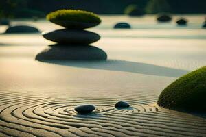 a zen garden in the sand. AI-Generated photo