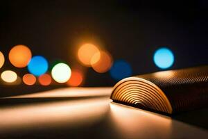 a book on a table with lights in the background. AI-Generated photo