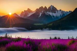 the sun rises over the mountains and purple flowers in the foreground. AI-Generated photo