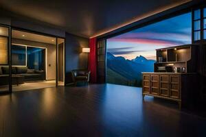 a bedroom with a view of mountains at dusk. AI-Generated photo