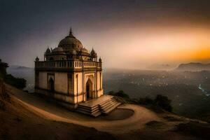 un templo en parte superior de un colina a puesta de sol. generado por ai foto