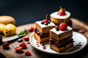 three cakes with berries on a wooden table. AI-Generated photo