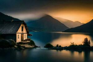 a house sits on the shore of a lake at sunset. AI-Generated photo