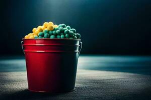 a red bucket filled with blue and yellow candies. AI-Generated photo