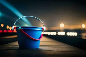 a blue bucket sitting on the ground with a light in the background. AI-Generated photo