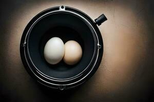 two eggs in a bowl on a table. AI-Generated photo