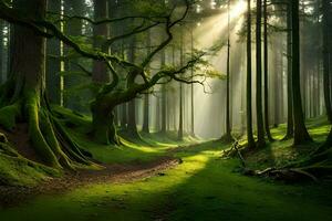 un camino mediante un bosque con arboles y rayos de sol generado por ai foto