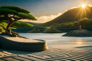 a bonsai tree sits on the sand in front of a mountain. AI-Generated photo