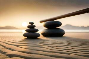 dos piedras apilado en el arena a puesta de sol. generado por ai foto
