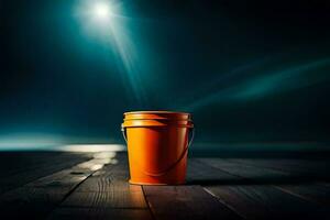 an orange bucket on a wooden floor with a bright light shining in the background. AI-Generated photo