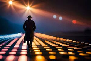 a man in a hat and coat walks down a road at night. AI-Generated photo