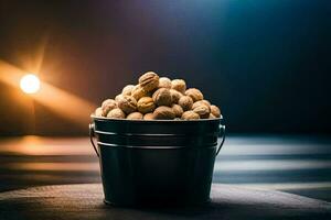 walnuts in a bucket on a dark table. AI-Generated photo