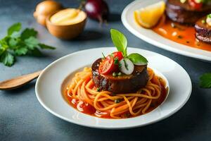 two plates with spaghetti and meatballs on them. AI-Generated photo