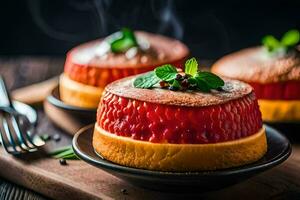 three small cakes with red and green food on a wooden table. AI-Generated photo