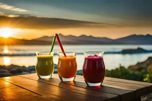 three glasses of juice on a table with the sun setting behind them. AI-Generated photo