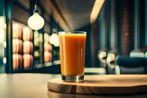 a glass of orange juice sitting on a wooden table. AI-Generated photo