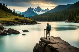 un hombre en pie en un rock con vista a un lago. generado por ai foto