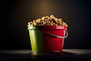 a bucket filled with peanuts on a dark background. AI-Generated photo