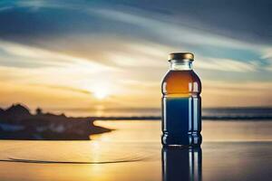 a bottle of blue liquid sitting on a table in front of the ocean. AI-Generated photo