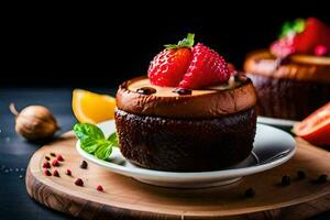 two chocolate cakes with strawberries and oranges on a wooden table. AI-Generated photo