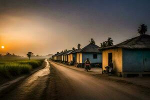 a man riding a bike down a dirt road in front of huts. AI-Generated photo