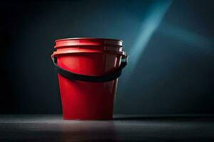 a red bucket with a black handle on a dark surface. AI-Generated photo