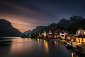 photo wallpaper the sky, mountains, lake, houses, the night, the mountains, the lake. AI-Generated