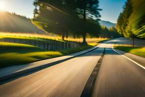 a blurry image of a road with trees and grass. AI-Generated photo