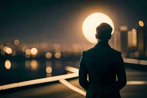 a man in a suit stands in front of a city at night. AI-Generated photo