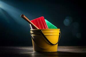 a bucket with a red and green paintbrush in it. AI-Generated photo