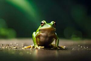 a frog sitting on the ground with a green background. AI-Generated photo