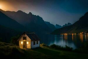 photo wallpaper the sky, mountains, house, lake, the moon, night, norway,. AI-Generated