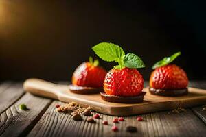 three strawberries on a wooden cutting board. AI-Generated photo