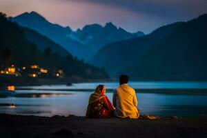 the couple is sitting on the shore of the lake at dusk. AI-Generated photo