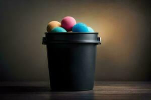 easter eggs in a black trash can. AI-Generated photo