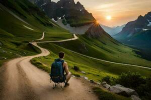 a man sitting on a chair on a dirt road in the mountains. AI-Generated photo