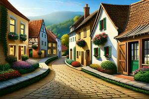 a street in the village with houses and flowers. AI-Generated photo