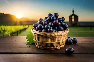 grapes in a basket on a wooden table. AI-Generated photo