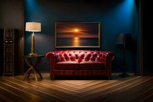 un rojo cuero sofá en un oscuro habitación. generado por ai foto