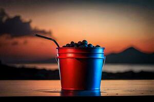 a bucket of blueberries on a table at sunset. AI-Generated photo