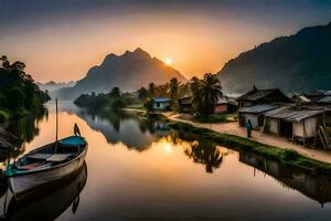 a boat sits on the water at sunset in front of a village. AI-Generated photo
