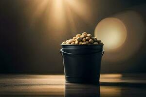 a bucket of peanuts on a table with a bright light. AI-Generated photo
