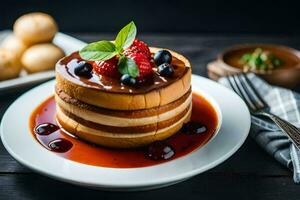 a stack of pancakes with berries and syrup. AI-Generated photo