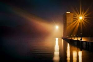 a pier with a light shining on it at night. AI-Generated photo