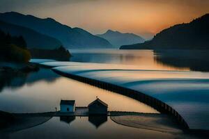 a lake with a dock and a house at sunset. AI-Generated photo