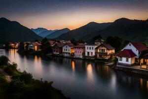 photo wallpaper the sky, water, mountains, river, houses, slovenia, europe. AI-Generated