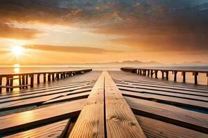 a wooden pier with the sun setting over the water. AI-Generated photo