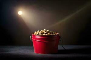 a red bucket filled with gold coins on a dark table. AI-Generated photo