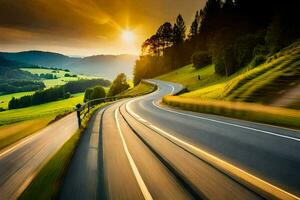 a winding road in the mountains with the sun setting. AI-Generated photo